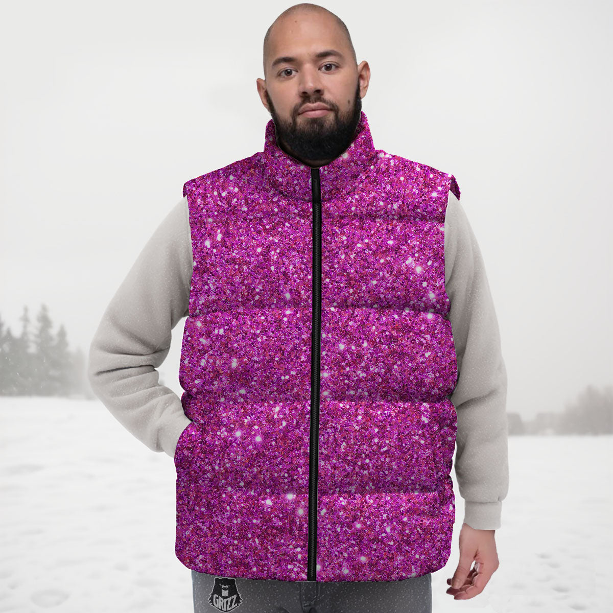 Glitter Artwork Magenta Pink Print Down Vest