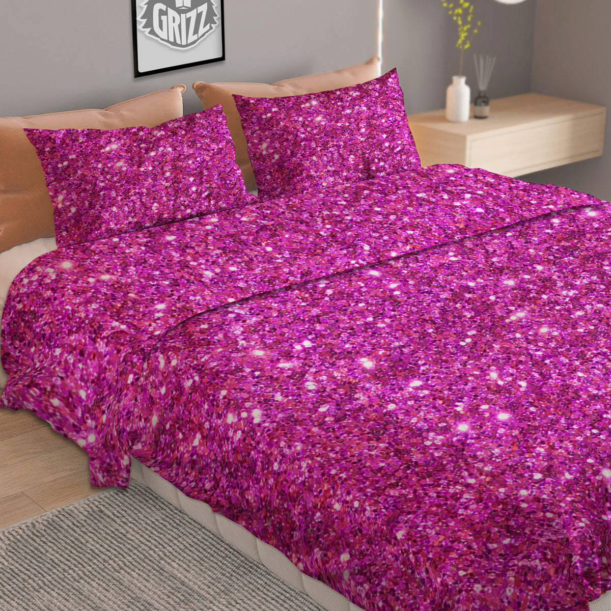 Glitter Artwork Magenta Pink Print Duvet Cover Bedding Set