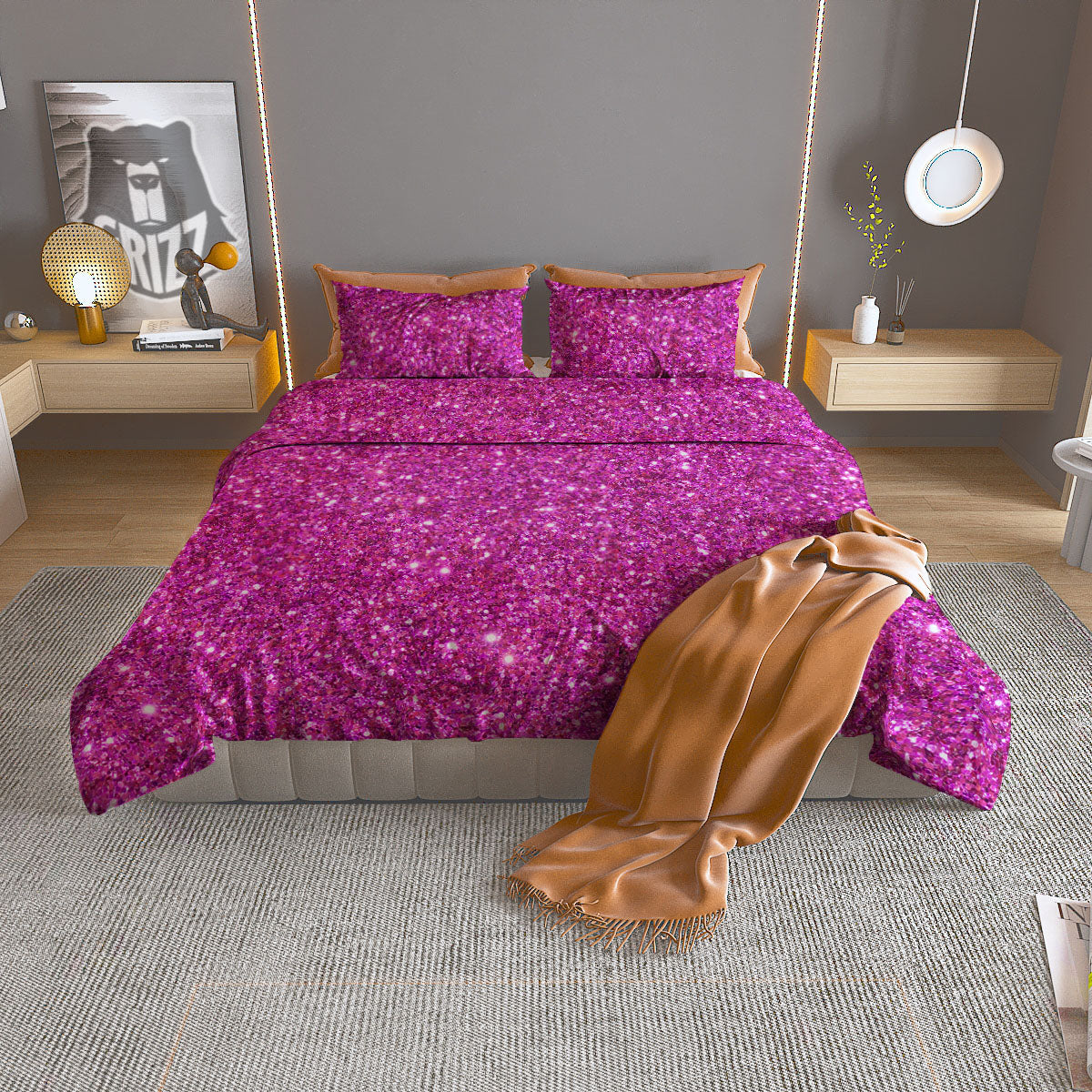 Glitter Artwork Magenta Pink Print Duvet Cover Bedding Set