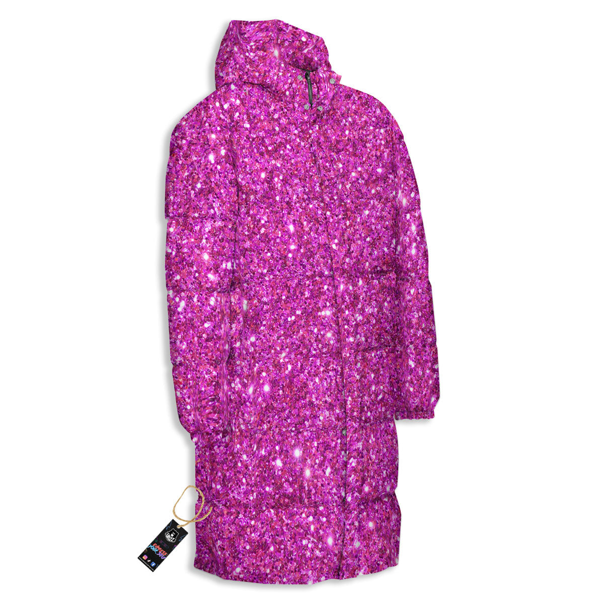 Glitter Artwork Magenta Pink Print Long Down Jacket-grizzshop
