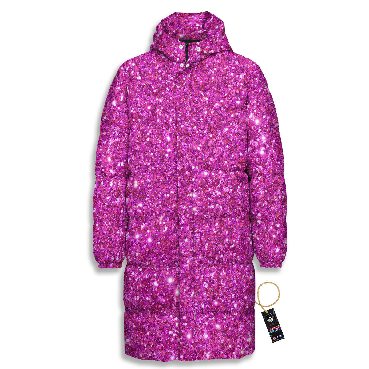 Glitter Artwork Magenta Pink Print Long Down Jacket-grizzshop