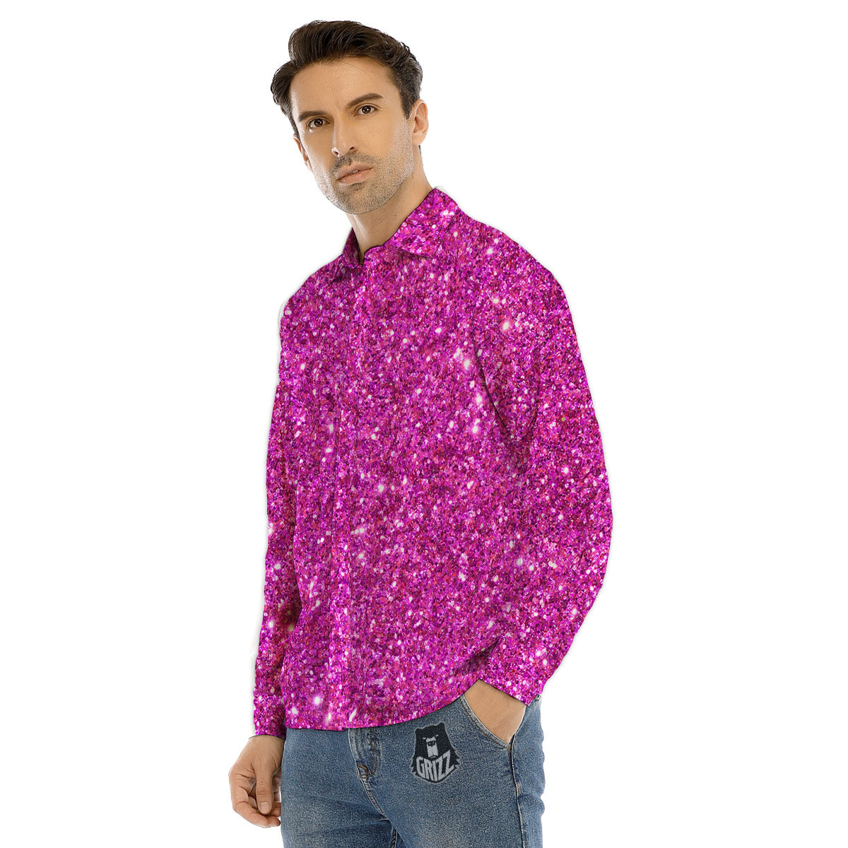 Glitter Artwork Magenta Pink Print Men's Dress Shirts-grizzshop