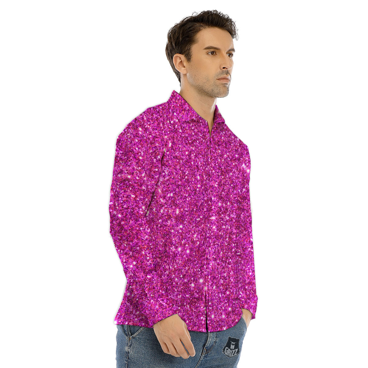 Glitter Artwork Magenta Pink Print Men's Dress Shirts-grizzshop