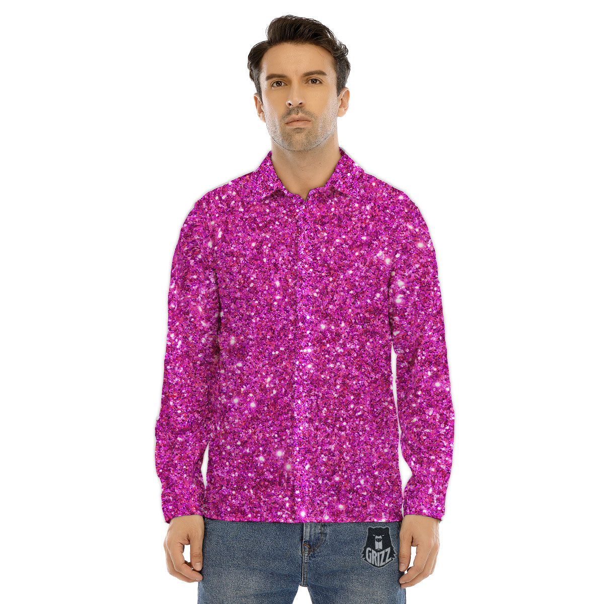 Glitter Artwork Magenta Pink Print Men's Dress Shirts-grizzshop
