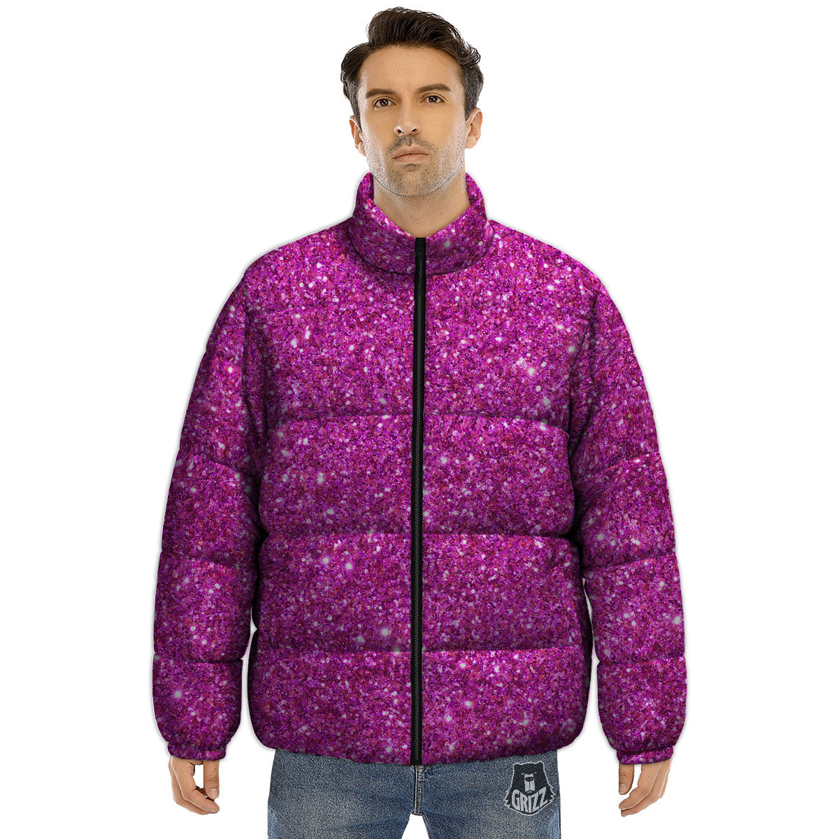 Glitter Artwork Magenta Pink Print Puffer Jacket-grizzshop