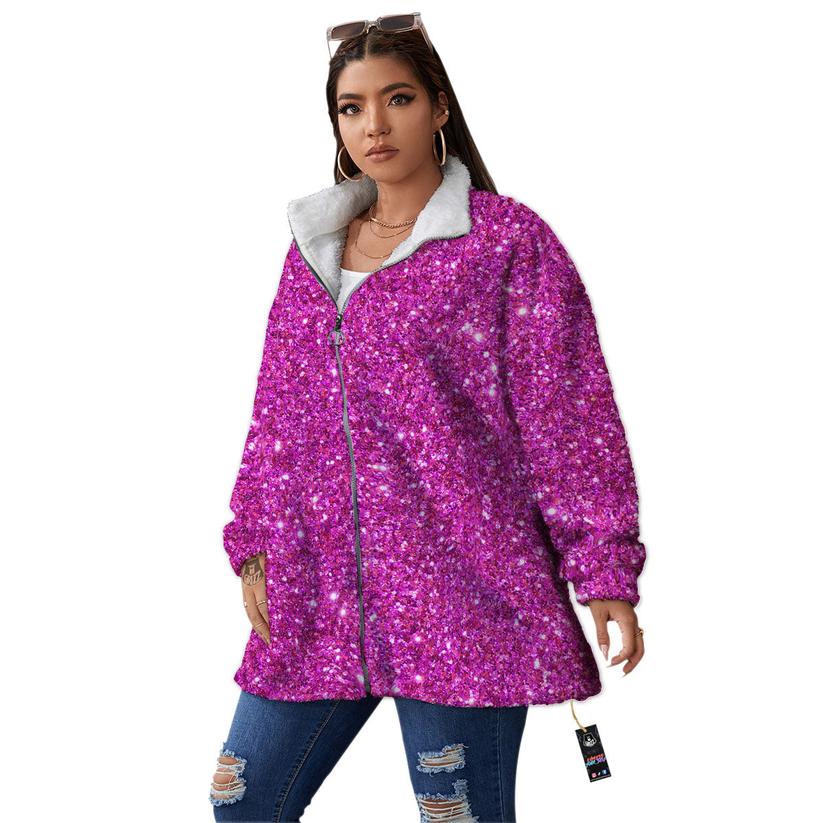 Glitter Artwork Magenta Pink Print Women's Sherpa Jacket-grizzshop