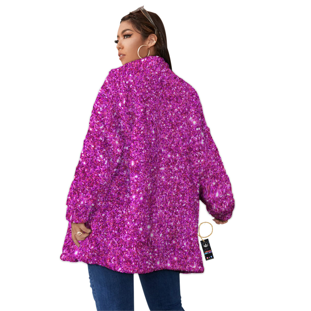 Glitter Artwork Magenta Pink Print Women's Sherpa Jacket-grizzshop