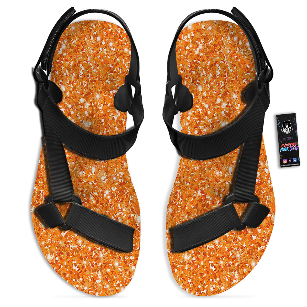 Glitter Artwork Orange Print Black Open Toe Sandals-grizzshop