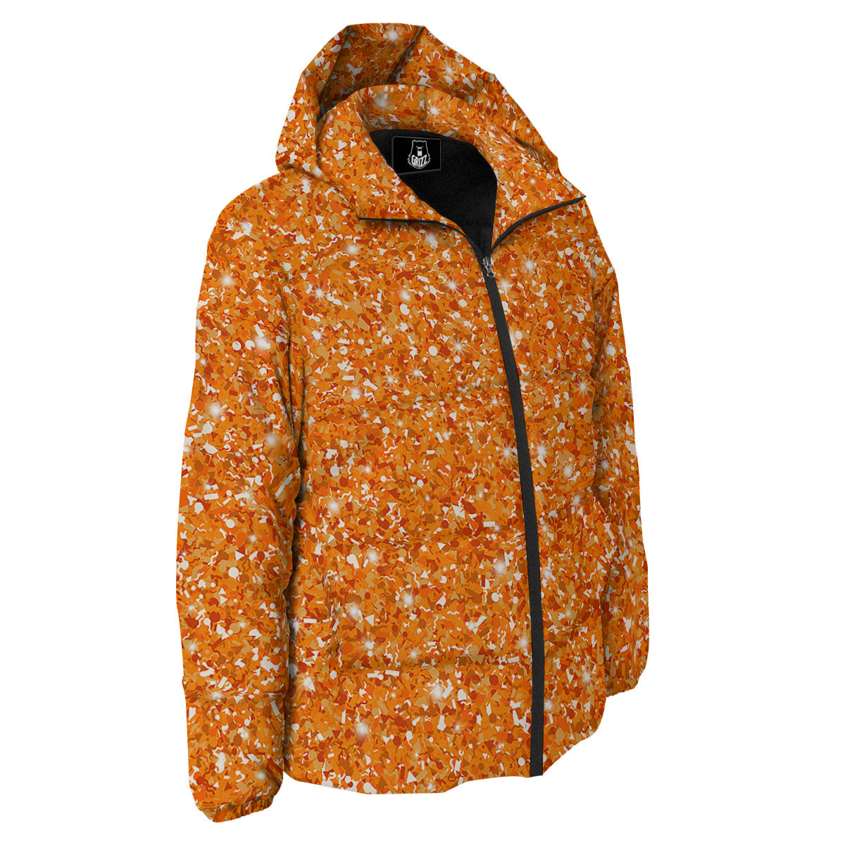 Glitter Artwork Orange Print Down Jacket-grizzshop