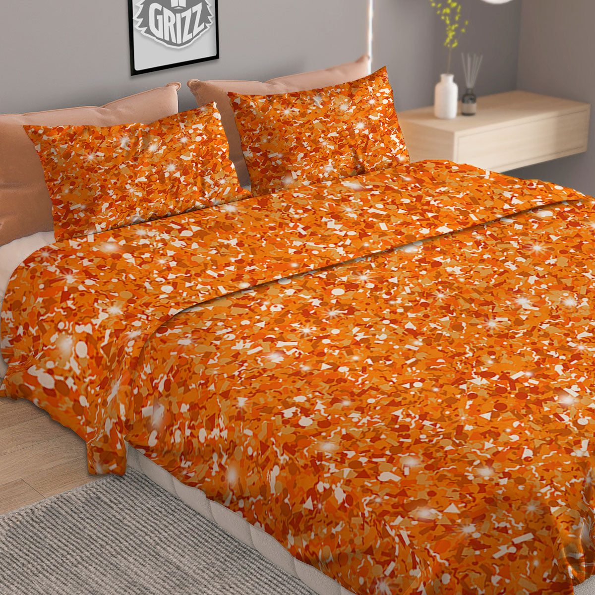 Glitter Artwork Orange Print Duvet Cover Bedding Set