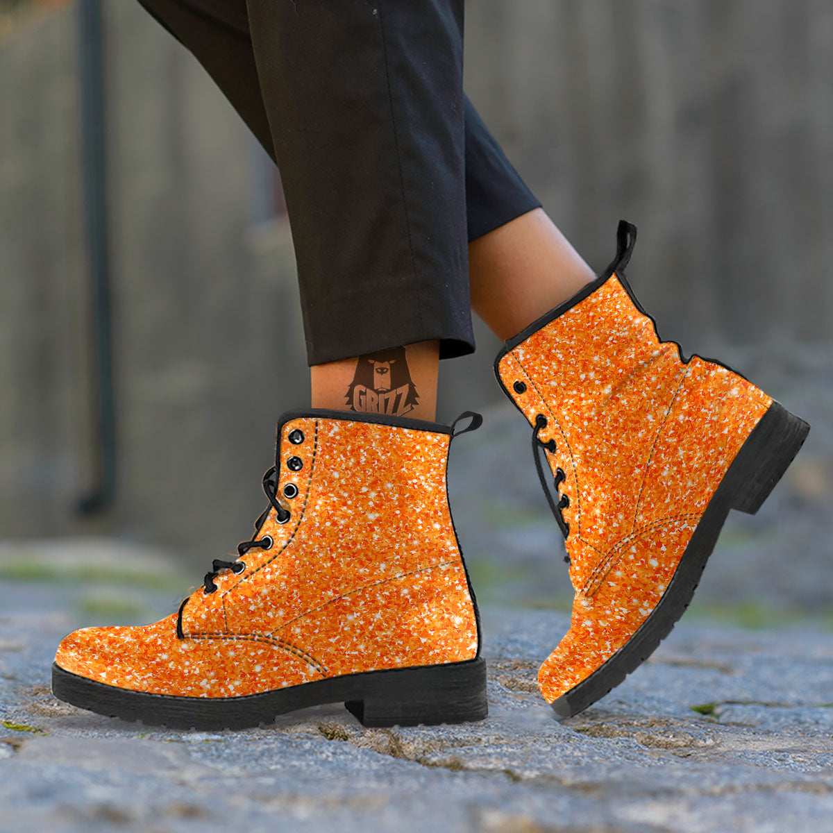 Glitter Artwork Orange Print Leather Boots-grizzshop