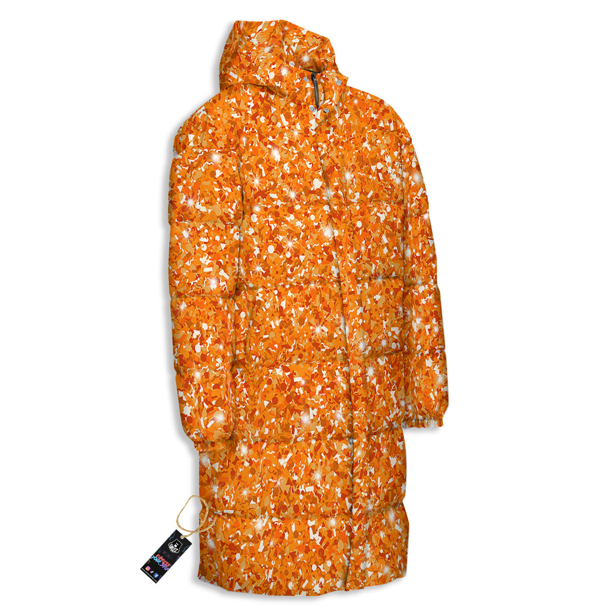 Glitter Artwork Orange Print Long Down Jacket-grizzshop
