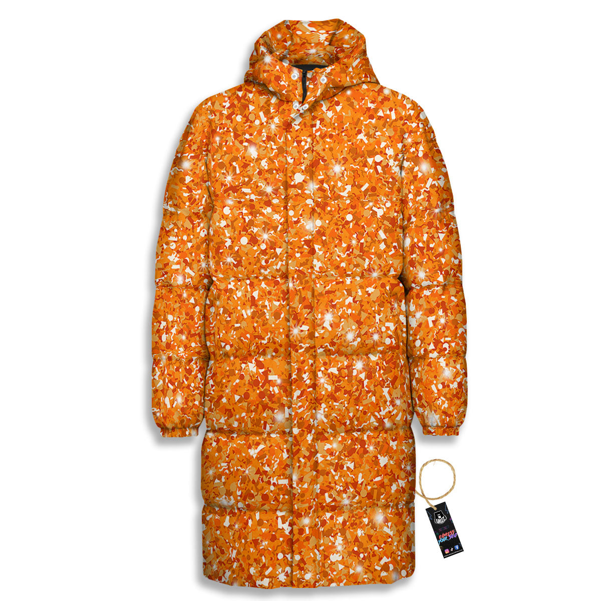 Glitter Artwork Orange Print Long Down Jacket-grizzshop