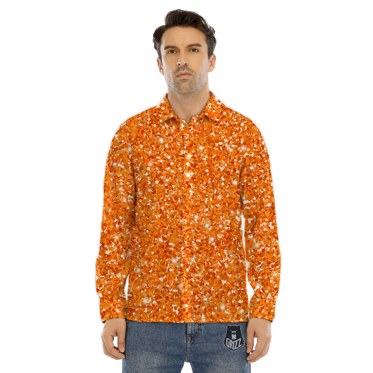 Glitter Artwork Orange Print Men's Dress Shirts-grizzshop