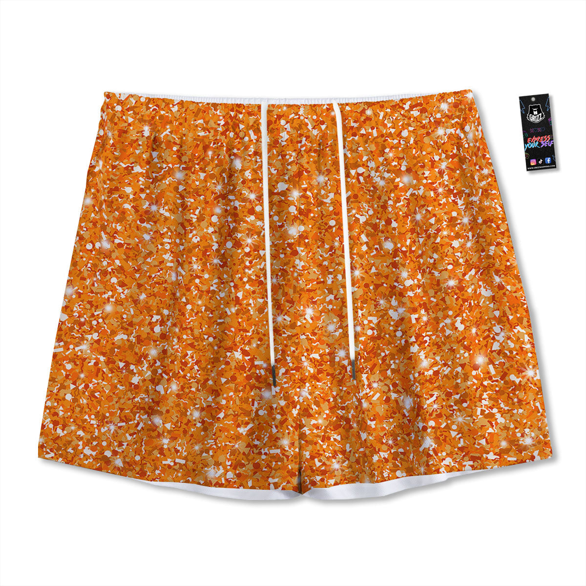 Glitter Artwork Orange Print Mesh Shorts
