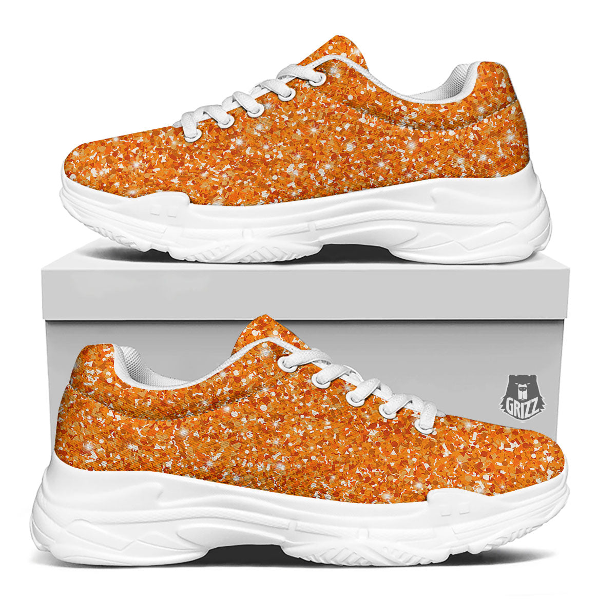 Glitter Artwork Orange Print White Chunky Shoes-grizzshop