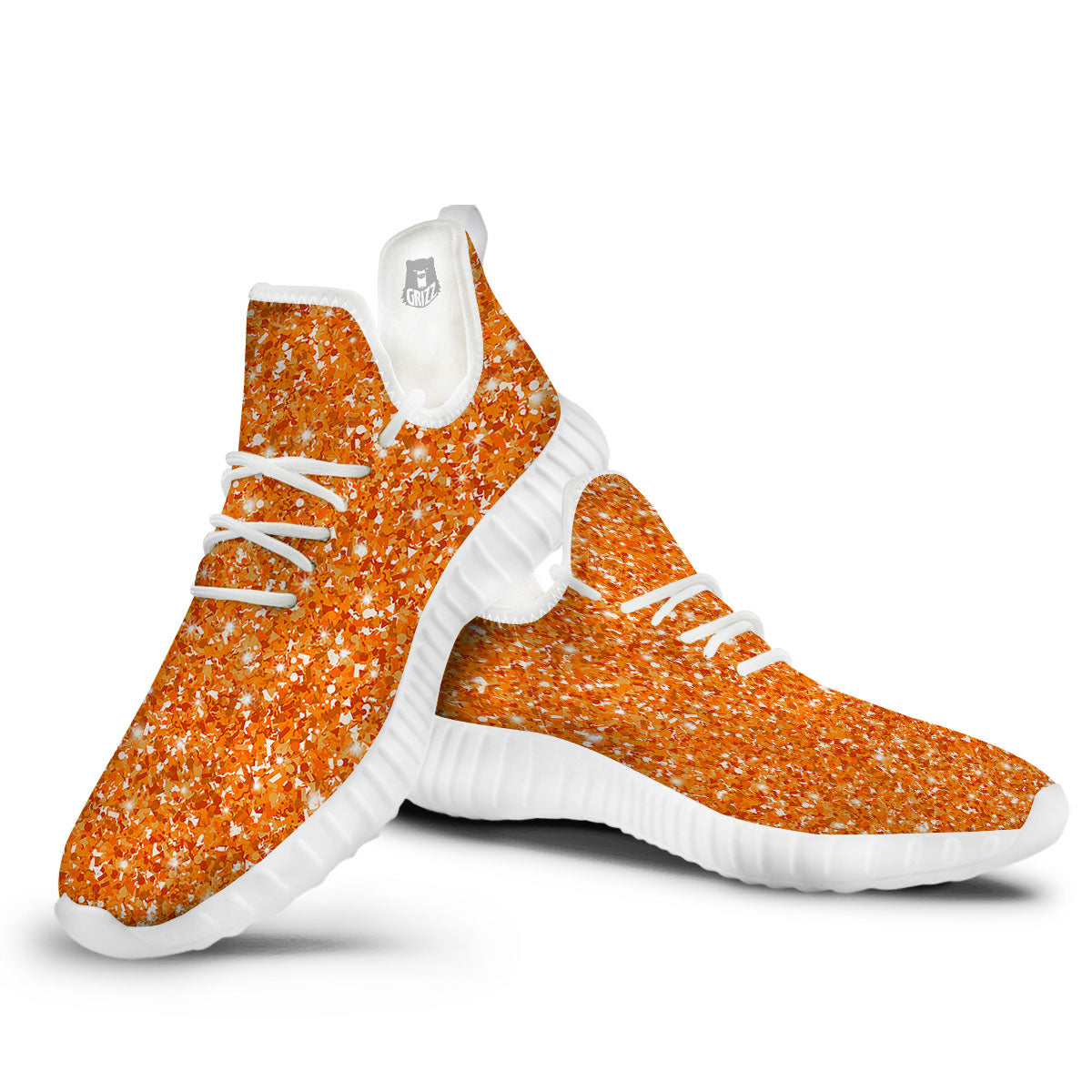 Glitter Artwork Orange Print White Walking Shoes-grizzshop