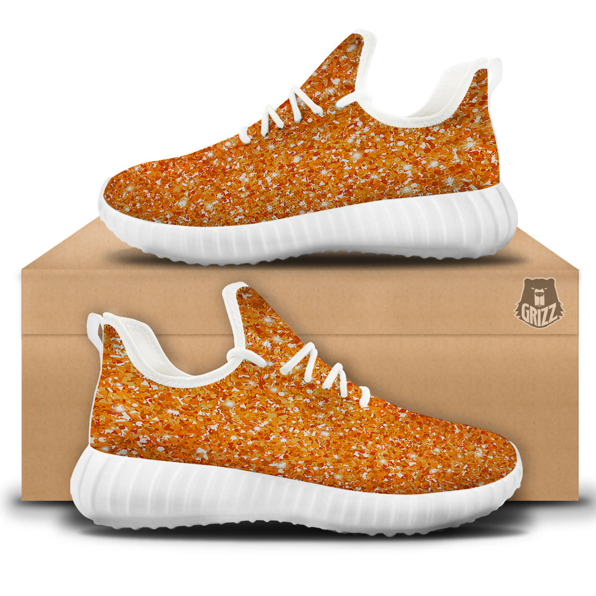 Glitter Artwork Orange Print White Walking Shoes-grizzshop