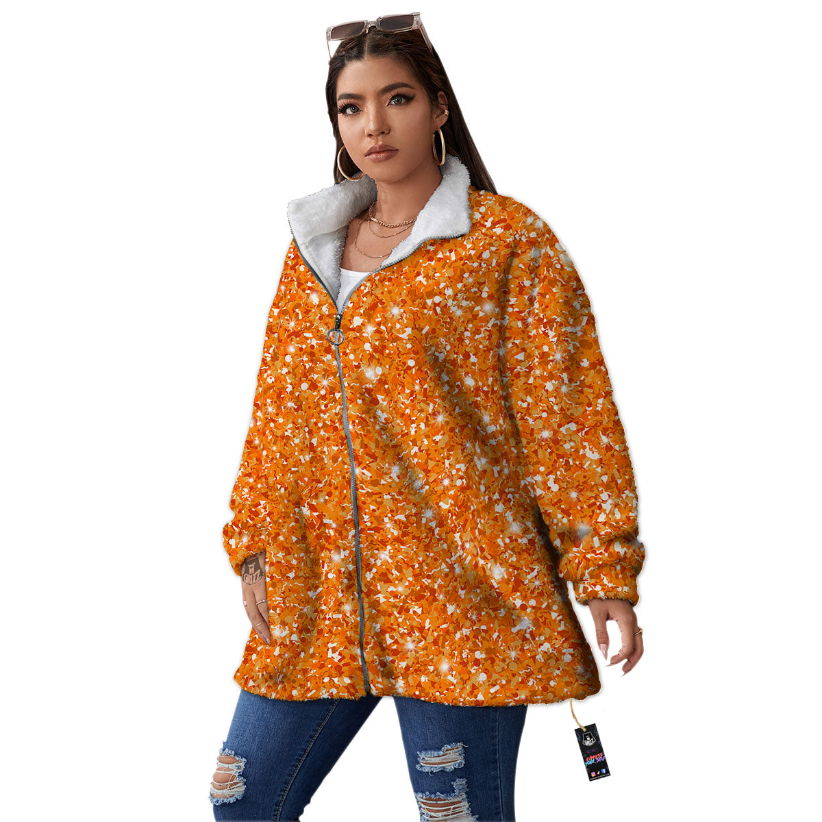 Glitter Artwork Orange Print Women's Sherpa Jacket-grizzshop