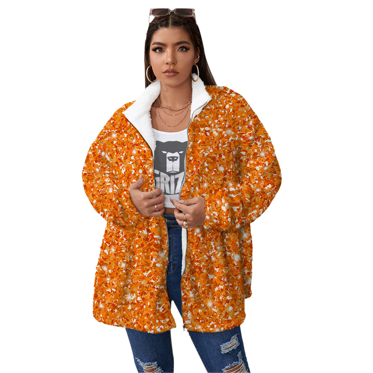 Glitter Artwork Orange Print Women's Sherpa Jacket-grizzshop