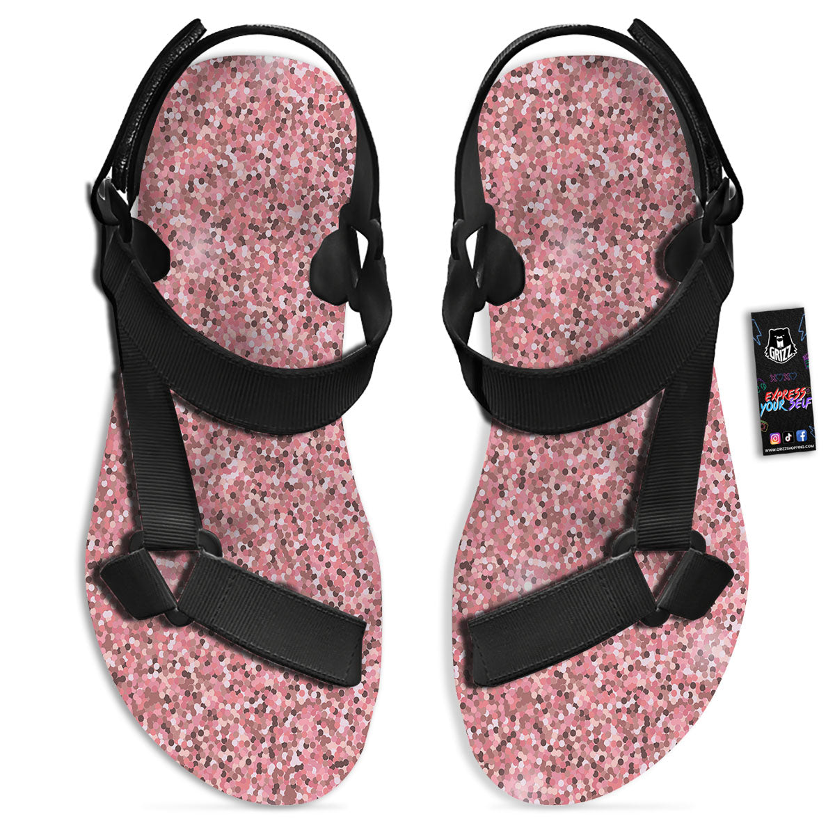 Glitter Artwork Pink Print Black Open Toe Sandals-grizzshop