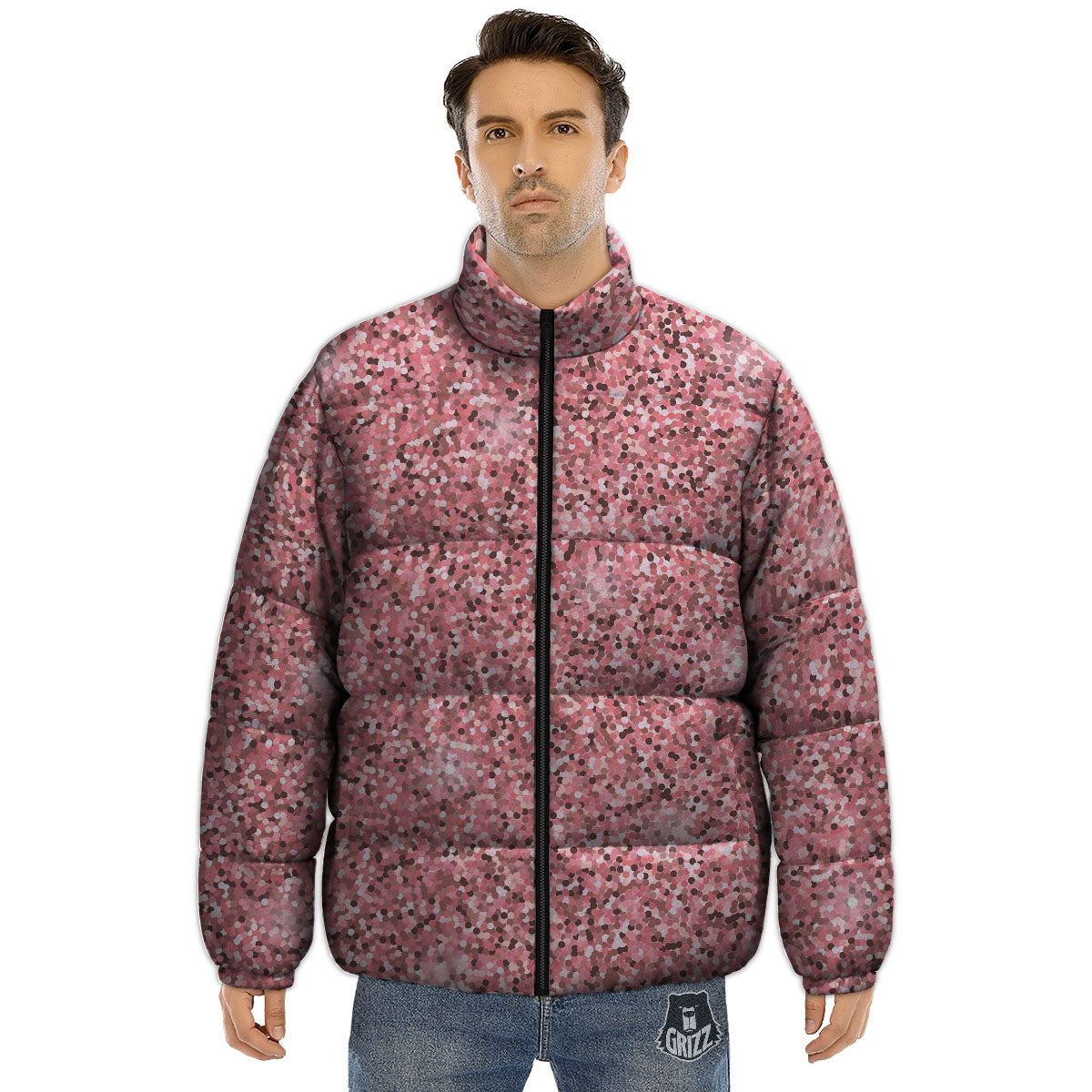 Glitter Artwork Pink Print Puffer Jacket-grizzshop