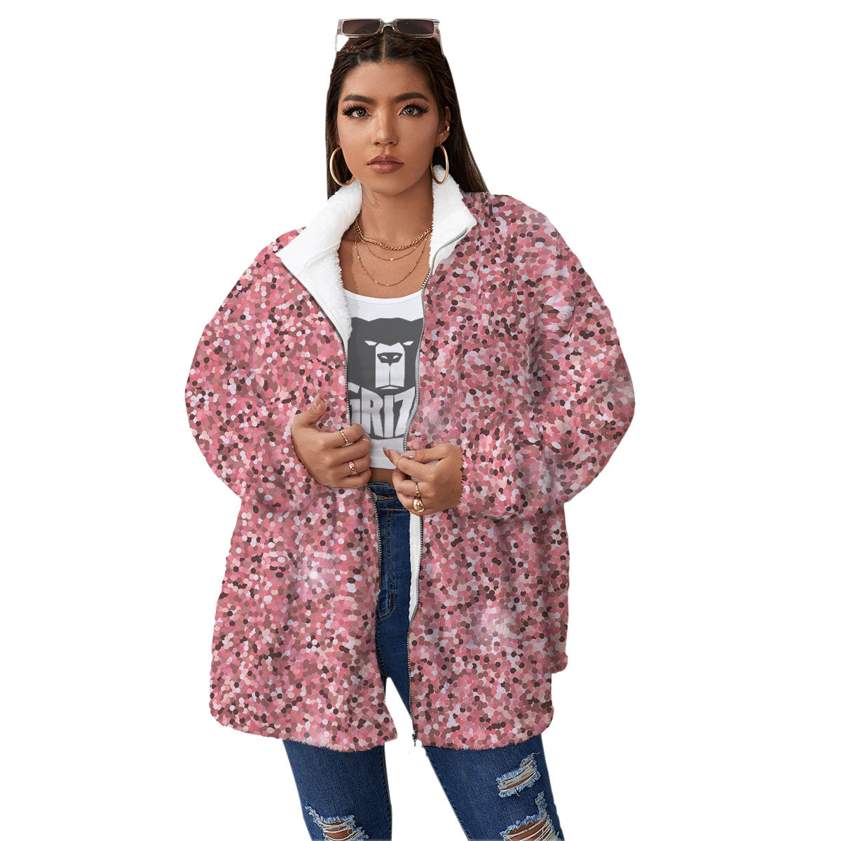 Glitter Artwork Pink Print Women's Sherpa Jacket-grizzshop