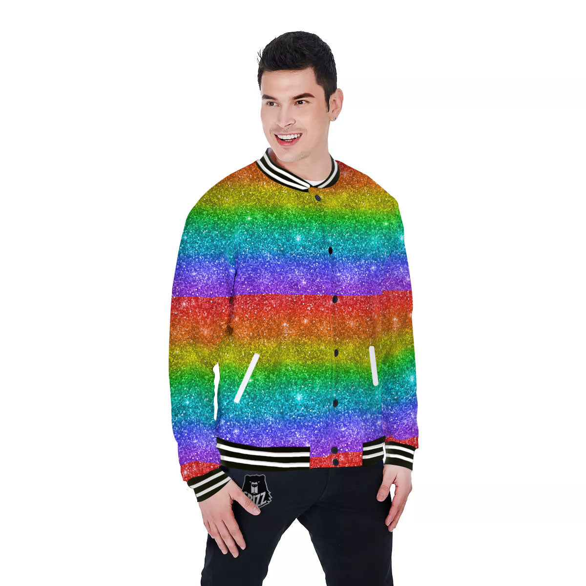 Glitter Rainbow Print Pattern Baseball Jacket-grizzshop