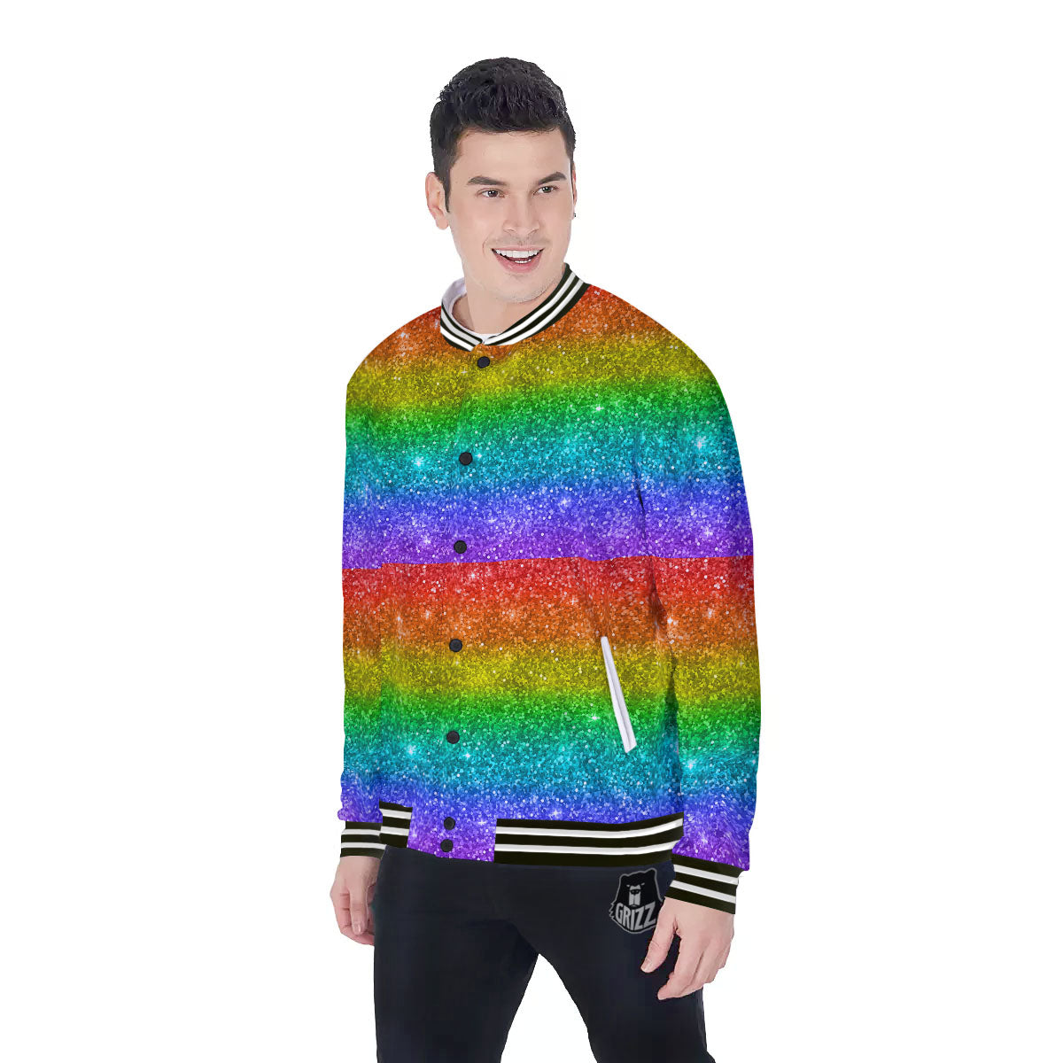 Glitter Rainbow Print Pattern Baseball Jacket-grizzshop
