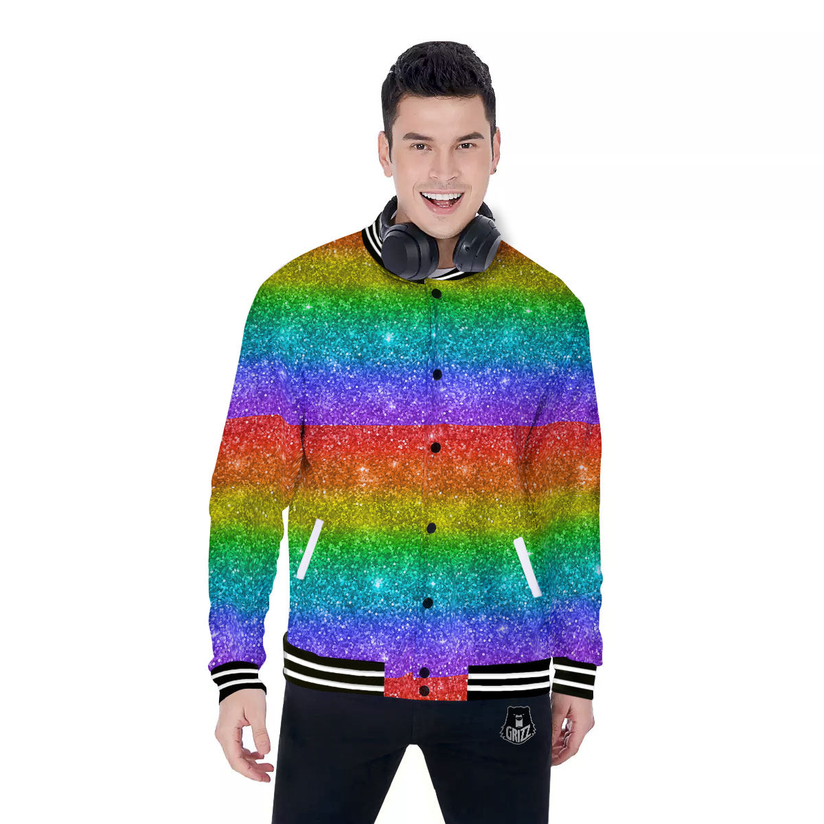 Glitter Rainbow Print Pattern Baseball Jacket-grizzshop