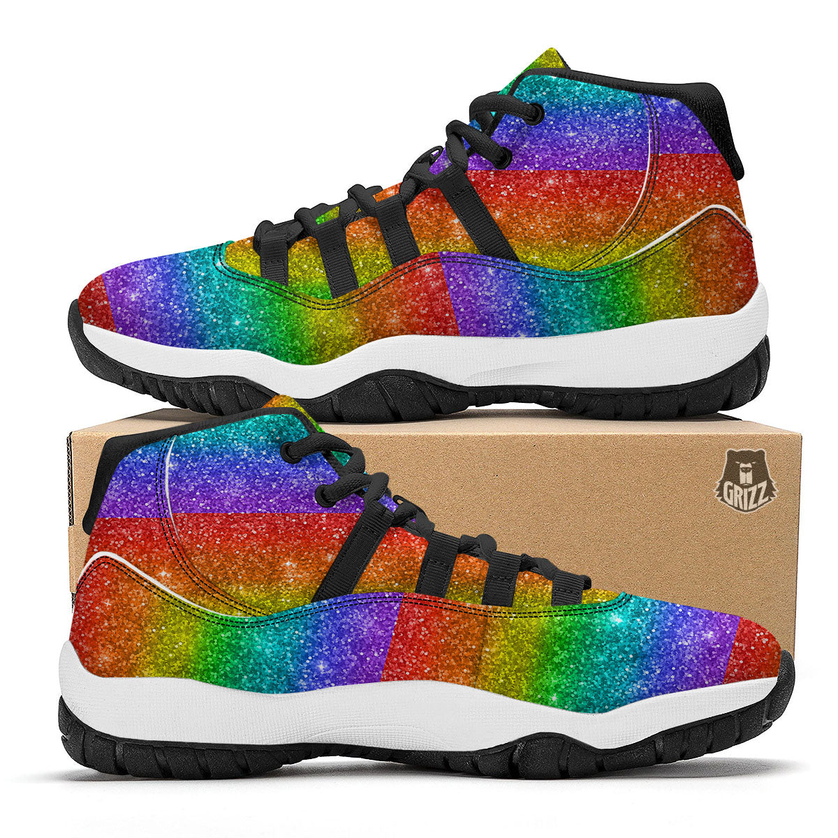 Glitter Rainbow Print Pattern Black Bball Shoes-grizzshop