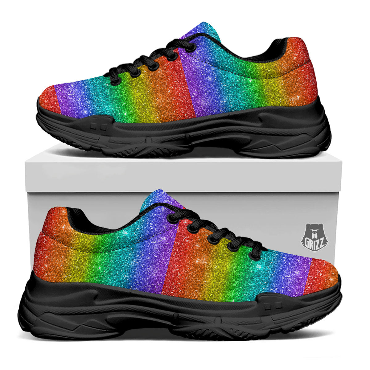Glitter Rainbow Print Pattern Black Chunky Shoes-grizzshop