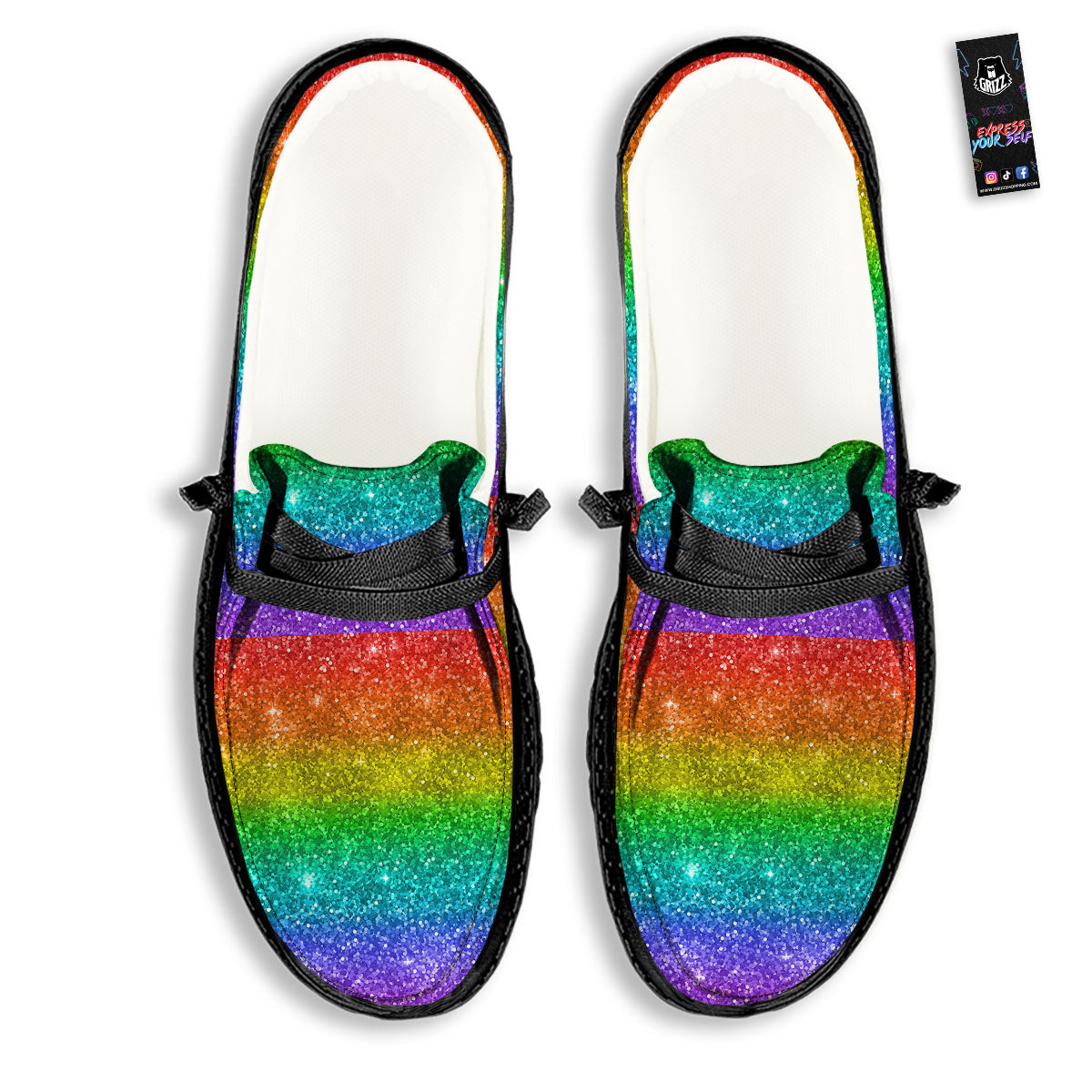 Glitter Rainbow Print Pattern Black Loafers-grizzshop