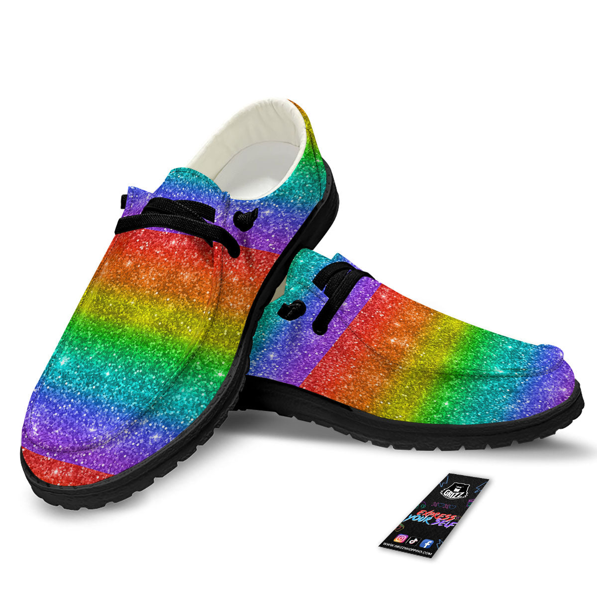 Glitter Rainbow Print Pattern Black Loafers-grizzshop