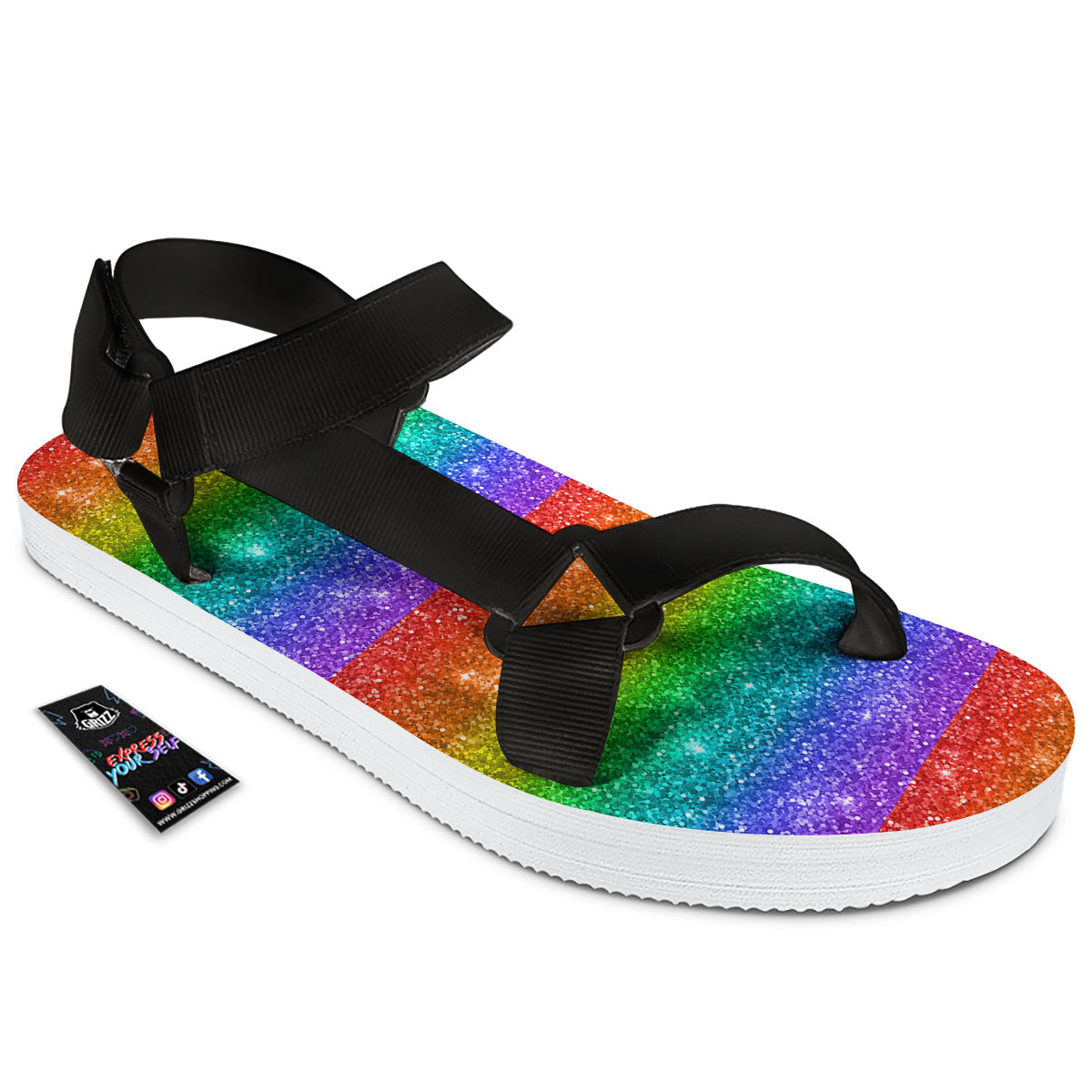 Glitter Rainbow Print Pattern Black Open Toe Sandals-grizzshop