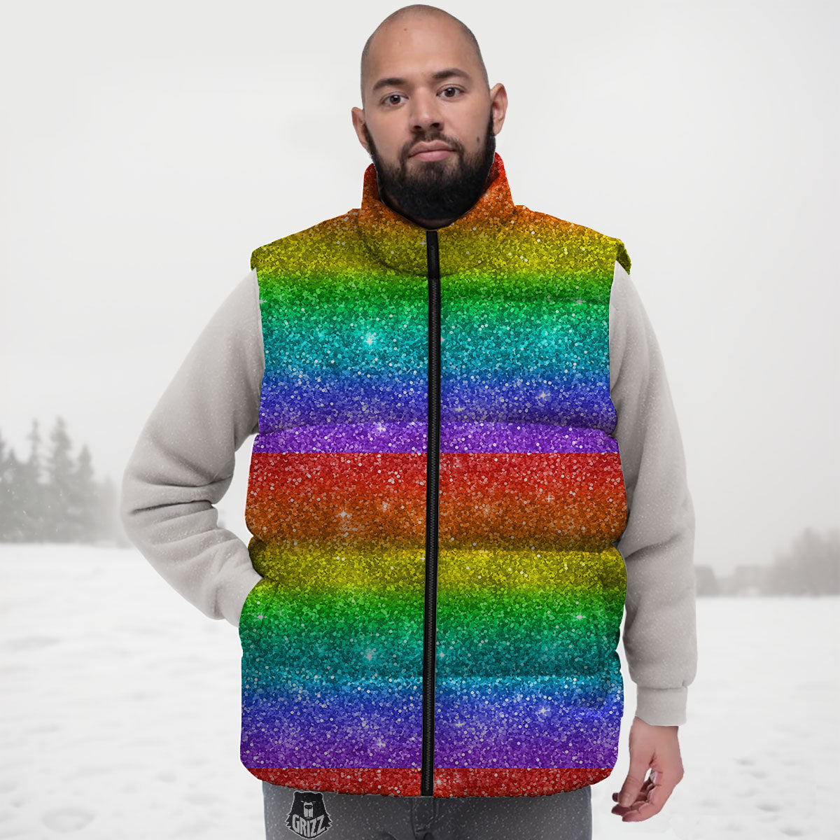 Glitter Rainbow Print Pattern Down Vest