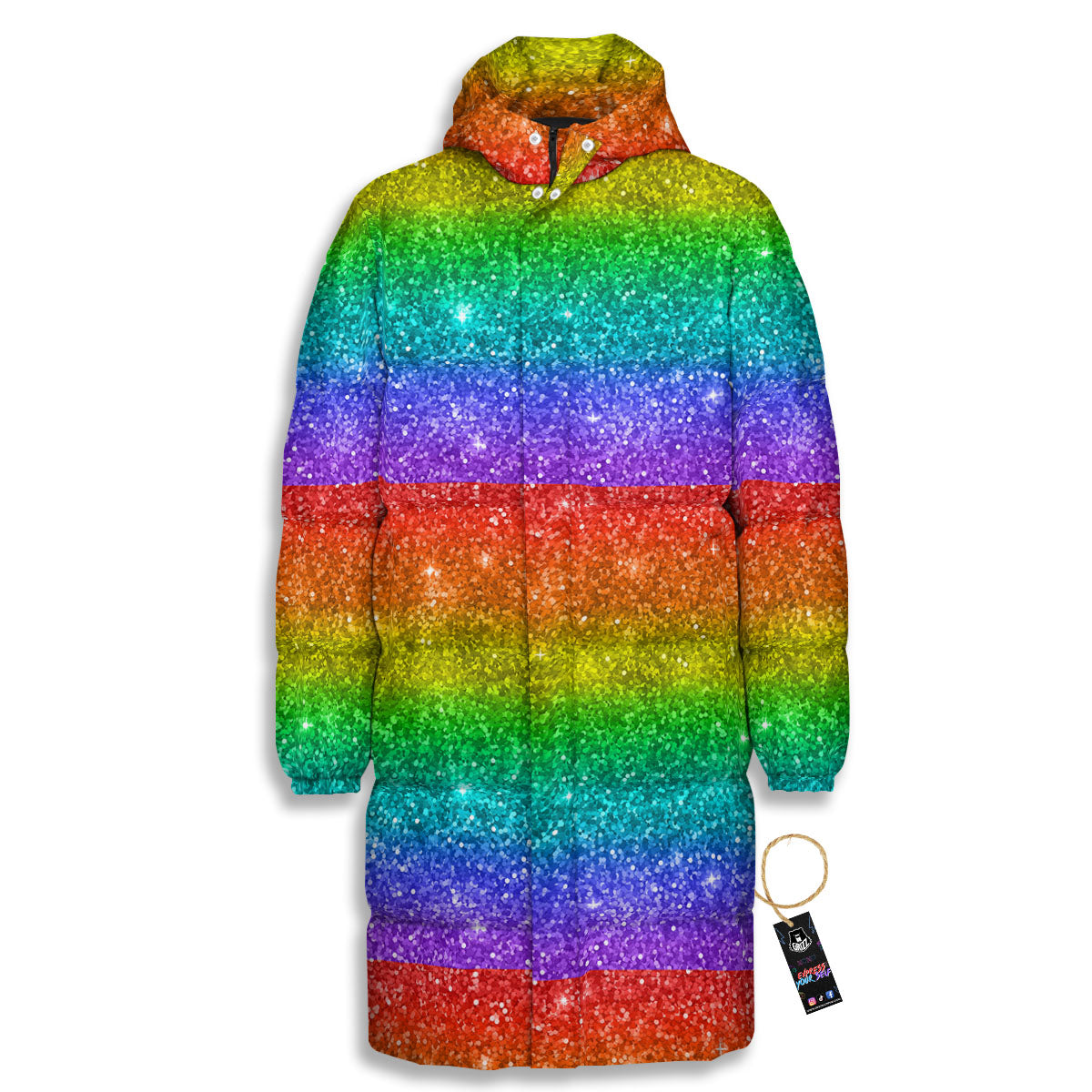 Glitter Rainbow Print Pattern Long Down Jacket-grizzshop