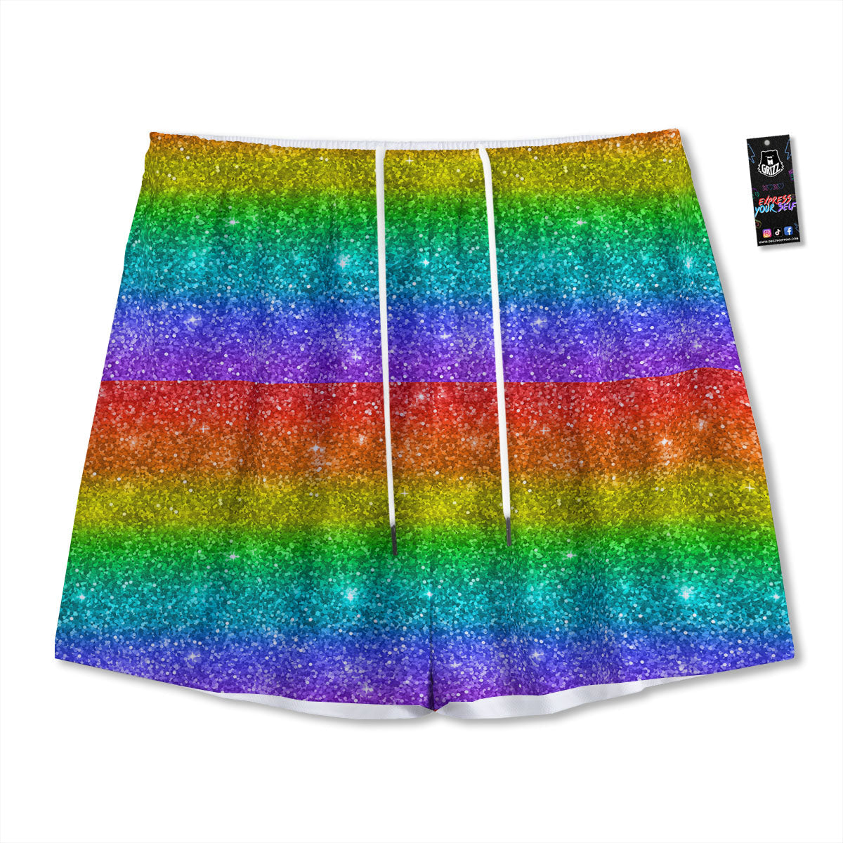 Glitter Rainbow Print Pattern Mesh Shorts