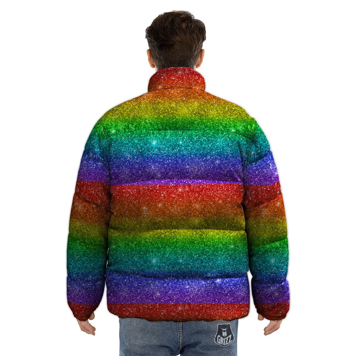 Glitter Rainbow Print Pattern Puffer Jacket-grizzshop