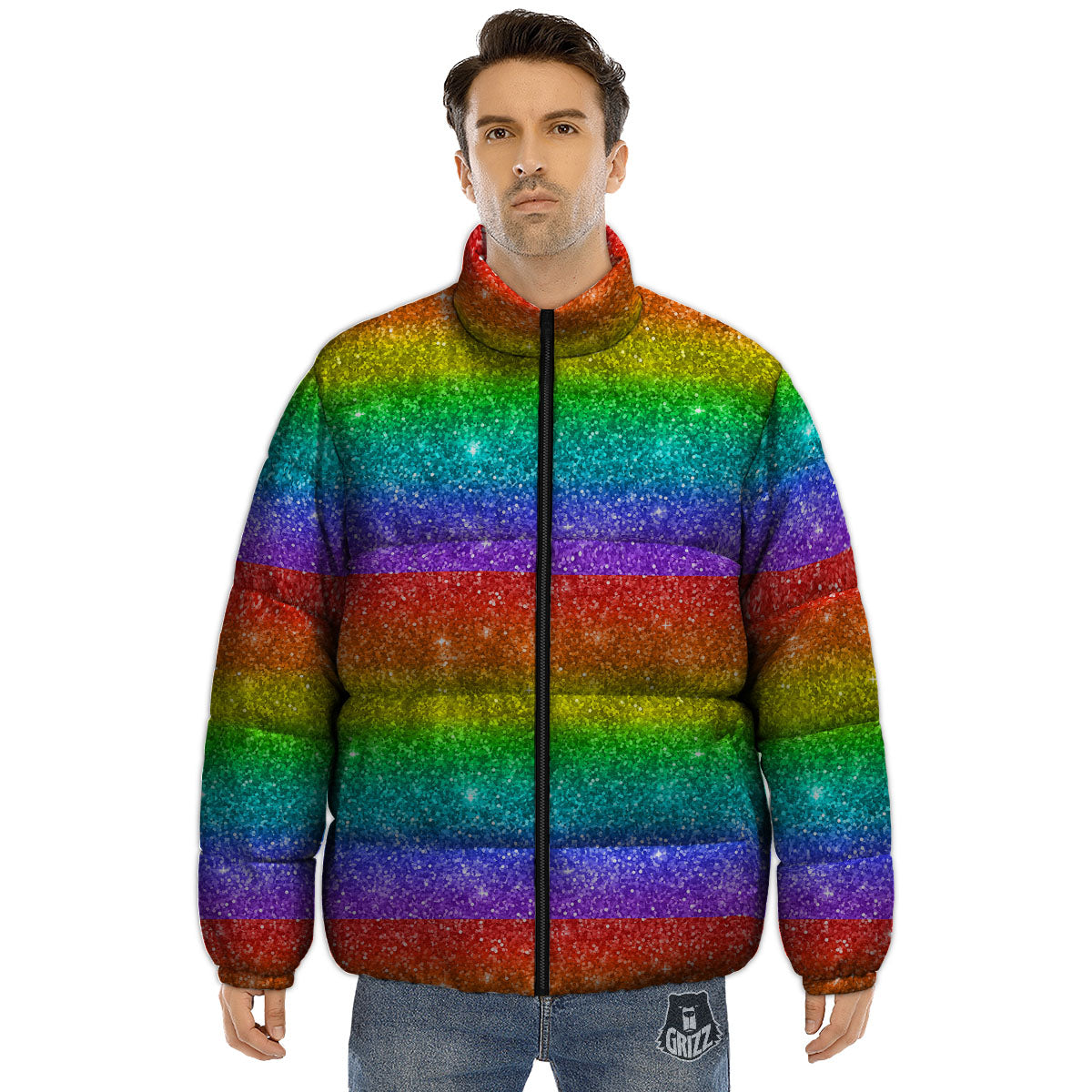Glitter Rainbow Print Pattern Puffer Jacket-grizzshop