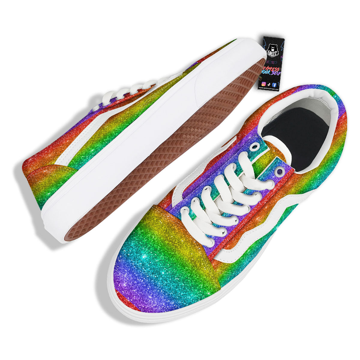 Glitter Rainbow Print Pattern Skate Shoes-grizzshop