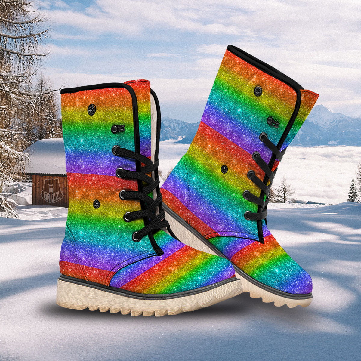 Glitter Rainbow Print Pattern Snow Boots-grizzshop