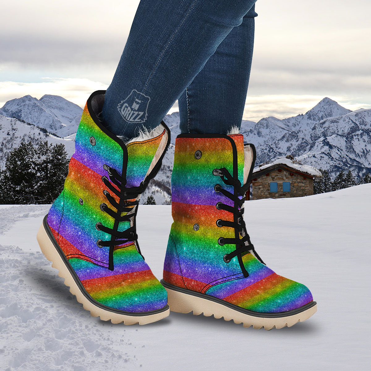 Glitter Rainbow Print Pattern Snow Boots-grizzshop