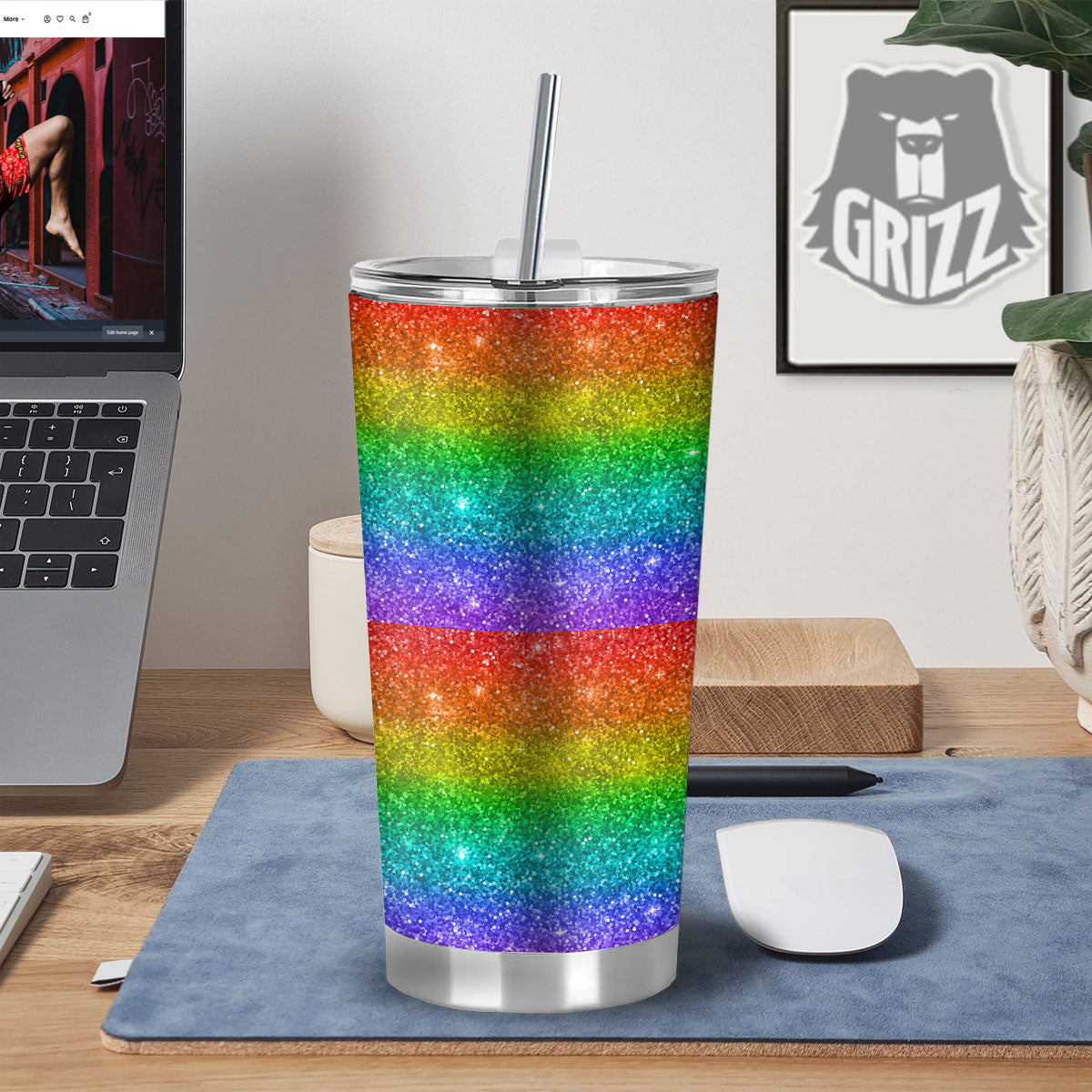 Glitter Rainbow Print Pattern Tumbler-grizzshop