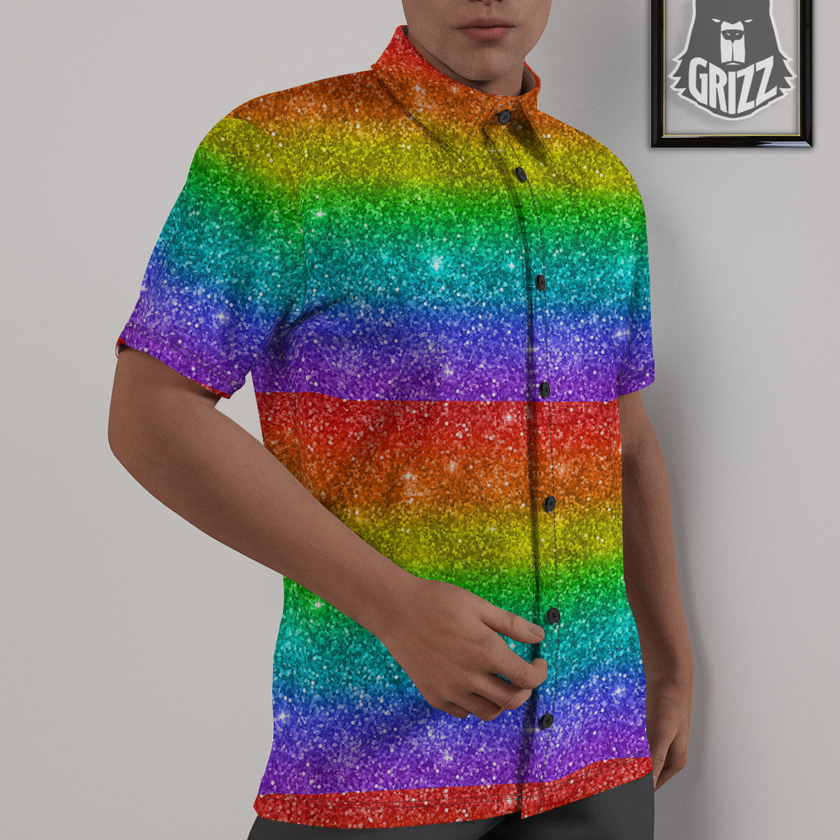 Glitter Rainbow Print Pattern Untucked Shirts-grizzshop