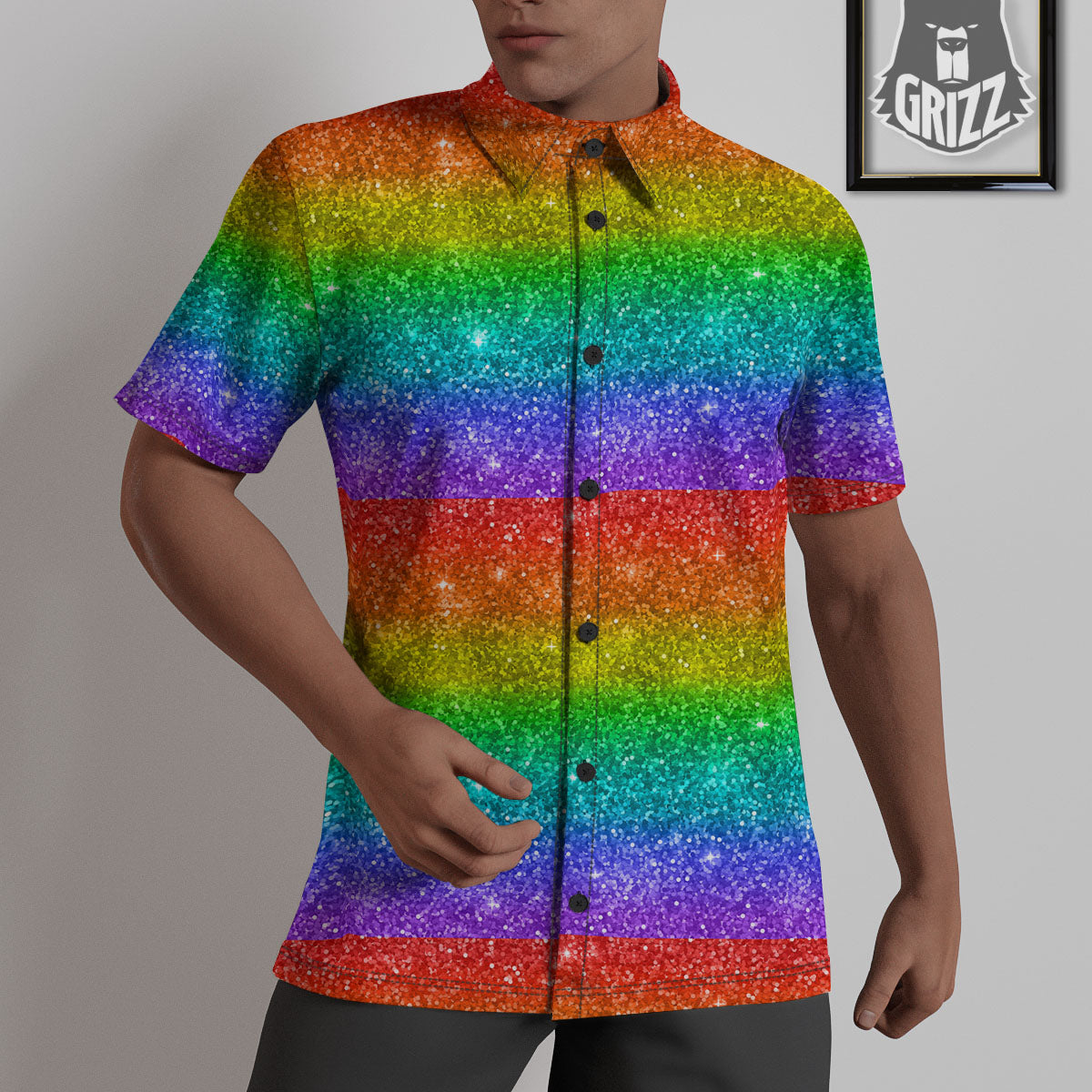 Glitter Rainbow Print Pattern Untucked Shirts-grizzshop