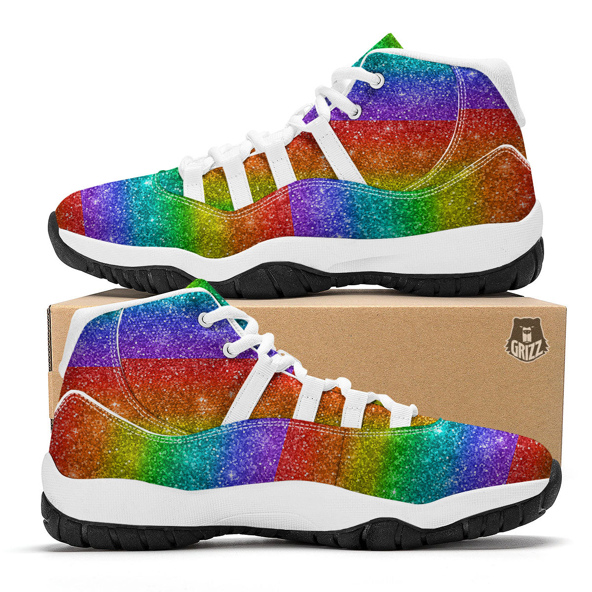 Glitter Rainbow Print Pattern White Bball Shoes-grizzshop