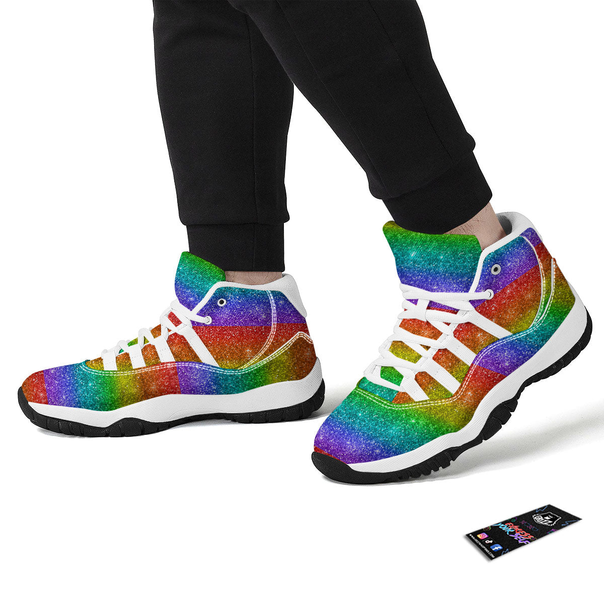 Glitter Rainbow Print Pattern White Bball Shoes-grizzshop