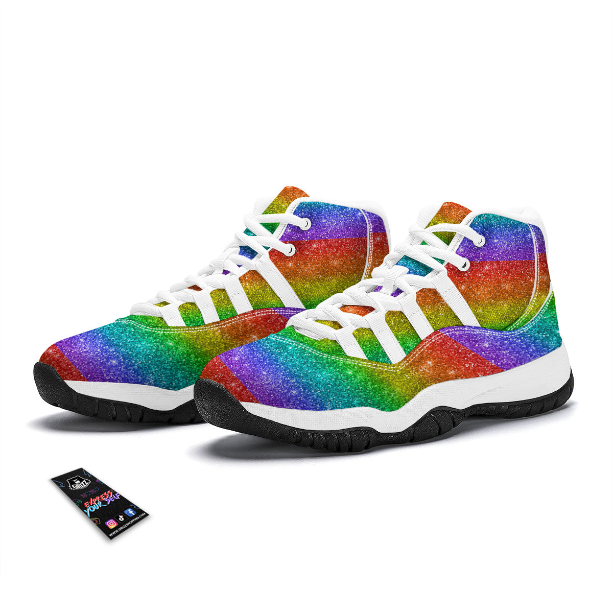 Glitter Rainbow Print Pattern White Bball Shoes-grizzshop