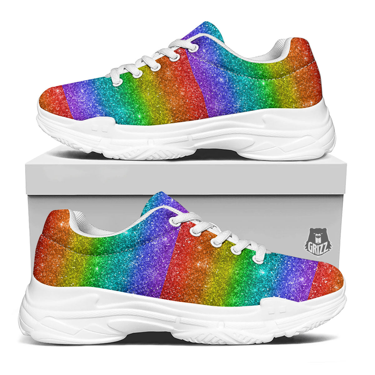Glitter Rainbow Print Pattern White Chunky Shoes-grizzshop